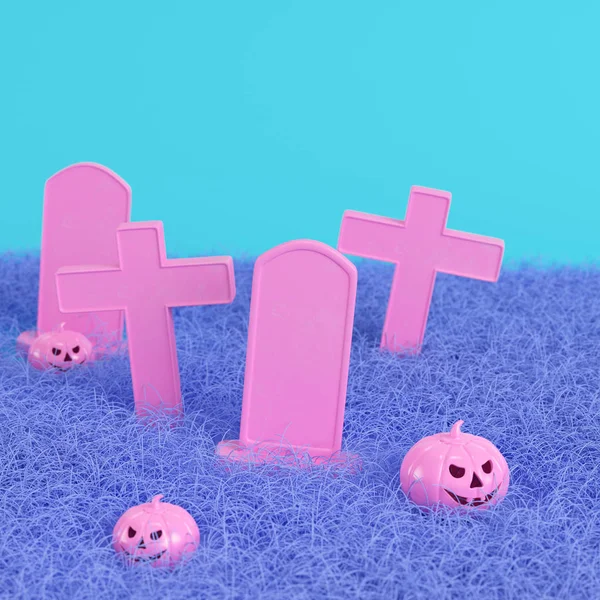 Pink halloween pumpkins with crosses and gravestones on bright blue background in pastel colors. Minimalism concept. 3d render