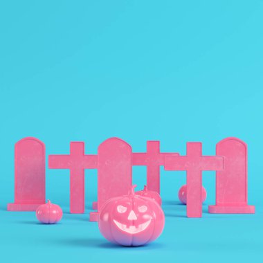 Pembe halloween pumpkins haçları ve mezar taşları üzerinde pastel renklerde parlak mavi arka plan ile. Minimalizm kavramı. 3D render