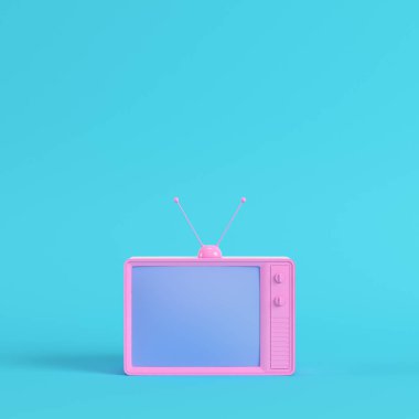 Pembe retro parlak mavi arka plan pastel renkler üzerinde tv tarz. Minimalizm kavramı. 3D render