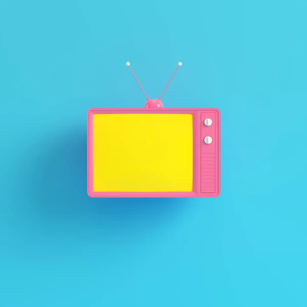 ピンクのレトロはパステル カラーの明るい青色の背景に黄色の画面とテレビ ミニマリズムのコンセプト のレンダリング — ストック写真