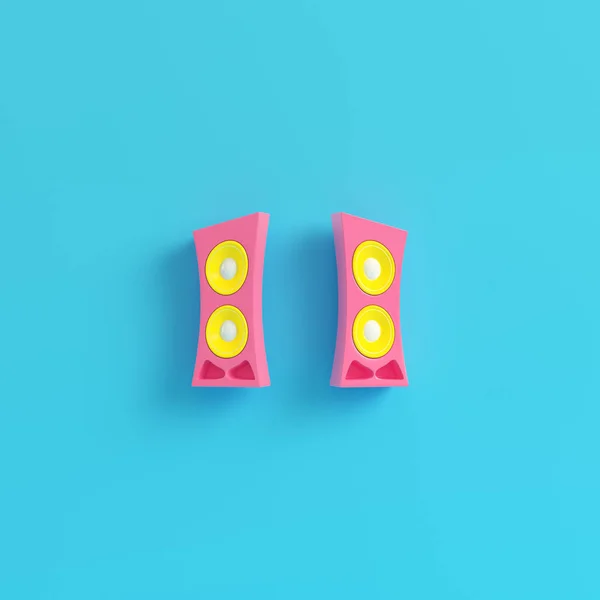 Pink cartoon-styled speaker on bright blue background in pastel colors. Minimalism concept. 3d render