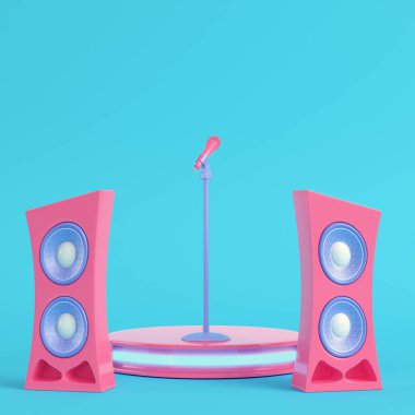 Mikrofon ve hoparlör parlak mavi arka plan pastel renkler ile konser sahne. Minimalizm kavramı. 3D render