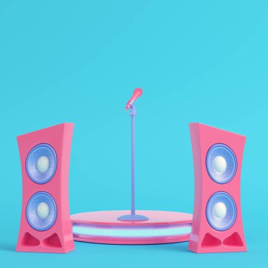 Concert stage with microphone and speakers on bright blue background in pastel colors. Minimalism concept. 3d render clipart