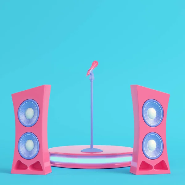 Concert stage with microphone and speakers on bright blue background in pastel colors. Minimalism concept. 3d render
