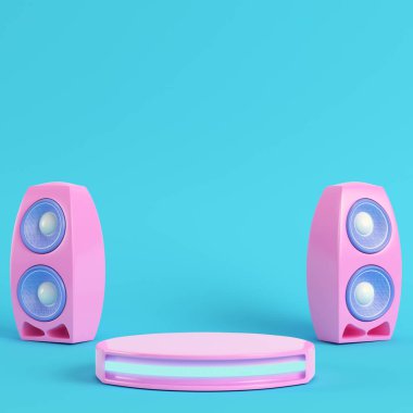 İle konser sahne ve pastel renkler parlak mavi arka planda Hoparlör. Minimalizm kavramı. 3D render