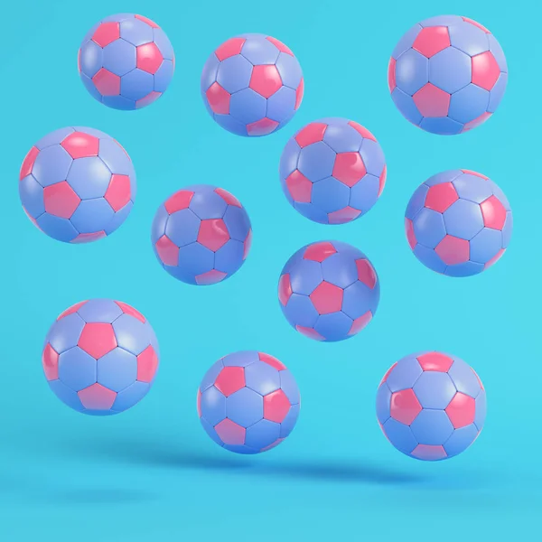 Bolas Fútbol Voladoras Rosadas Sobre Fondo Azul Brillante Colores Pastel — Foto de Stock