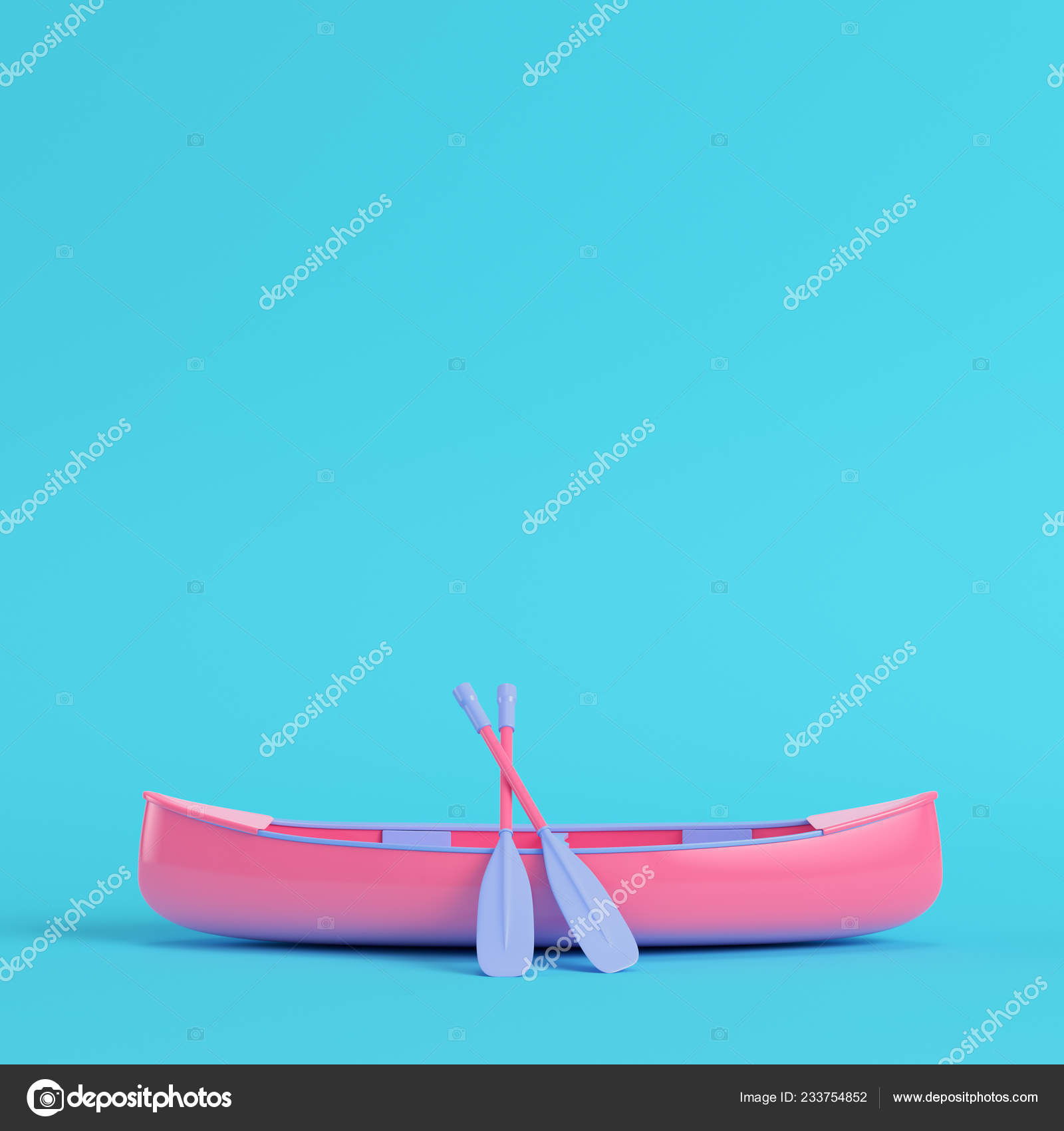 Pink Canoe Paddles Bright Blue Background Pastel Colors Minimalism