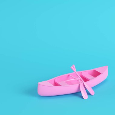 Pembe Kano kürekler pastel renklerde parlak mavi arka plan ile. Minimalizm kavramı. 3D render