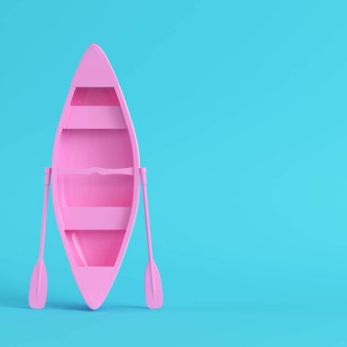 Pembe Kano kürekler pastel renklerde parlak mavi arka plan ile. Minimalizm kavramı. 3D render