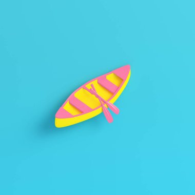 Sarı Kano kürekler pastel renklerde parlak mavi arka plan ile. Minimalizm kavramı. 3D render