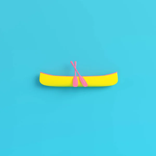 パステル カラーの明るい青色の背景上のパドルと黄色のカヌー ミニマリズムのコンセプト のレンダリング — ストック写真