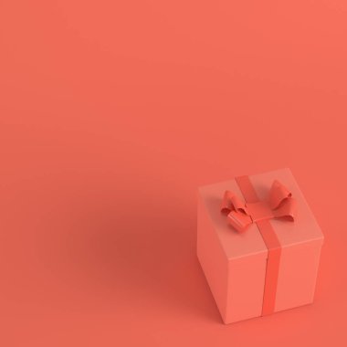Hediye kutusu yaşayan yay ile Mercan rengi. Minimalizm kavramı. 3D render