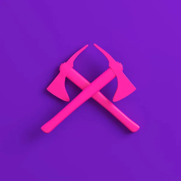 Dos hachas cruzadas rosadas sobre fondo púrpura. Concepto de minimalismo —  Fotos de Stock