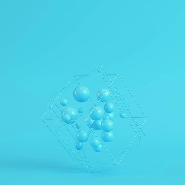 Esferas abstractas en caja de alambre sobre fondo azul brillante en pastel —  Fotos de Stock