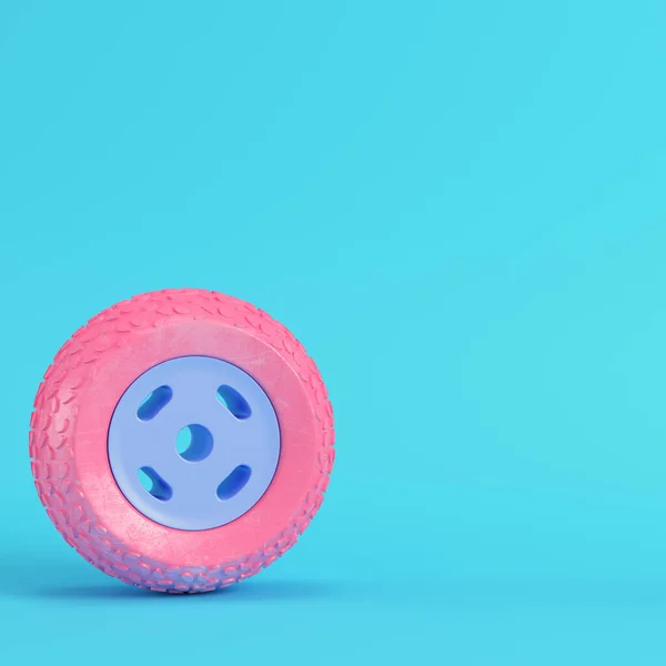 Roze Auto Wiel Helderblauwe Achtergrond Pastelkleuren Minimalisme Concept Renderen — Stockfoto