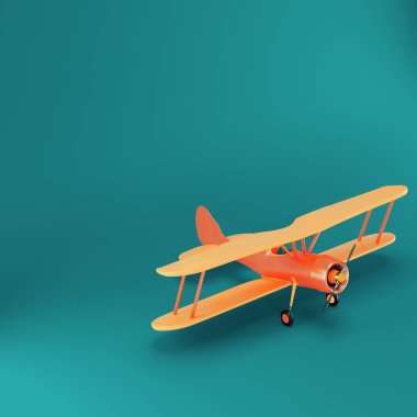 Koyu yeşil arka planda oyuncak çift kanatlı uçak. 3d hazırlayıcı