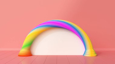 Renkli bükülmüş sütun. Pembe girişte fotokopi alanı var. Minimalizm. 3d hazırlayıcı
