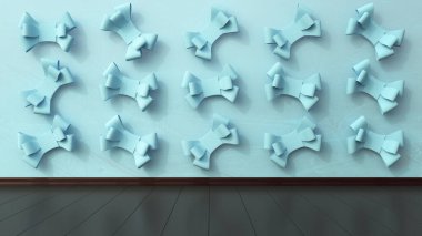 Duvarında papyon olan mavi iç döşeme. Minimalizm. 3d hazırlayıcı