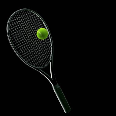 Siyah arkaplanlı tenis raketi. 3d hazırlayıcı