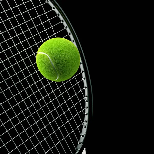 Tennis Racket Med Boll Svart Bakgrund Återgivning — Stockfoto