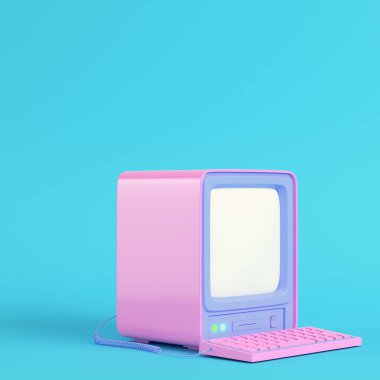 Pembe retro bilgisayar, parlak mavi arka planda, pastel renklerde. Minimalizm kavramı. 3d hazırlayıcı