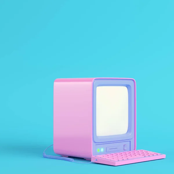 Pink Retro Computer Bright Blue Background Pastel Colors Minimalism Concept — Stock Photo, Image