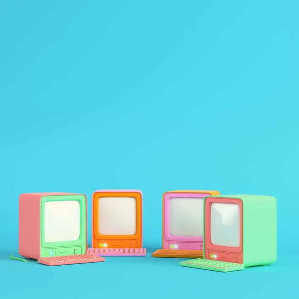 Bunte Retro Computer Auf Hellblauem Hintergrund Pastellfarben Minimalismus Konzept Darstellung — Stockfoto