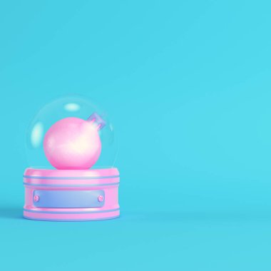 Pembe kar küresi, parlak mavi arka planda pastel renklerde noel mücevherleri taşıyor. Minimalizm kavramı. 3d hazırlayıcı