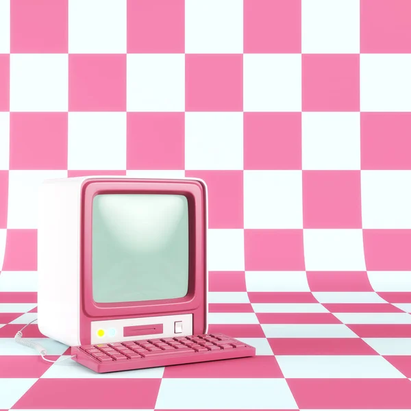 Retro-styled computer on checked background. 3d render