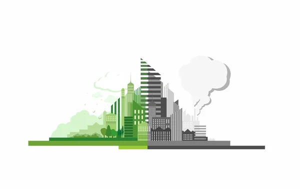 Comparison Two Cities Environmentally Friendly Polluted — Stock Vector
