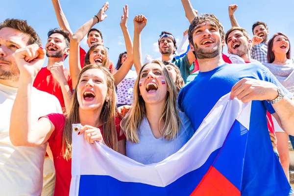 Russian Supporters Celebrating Stadium Flags Group Fans Watching Match Cheering — Stock Photo, Image