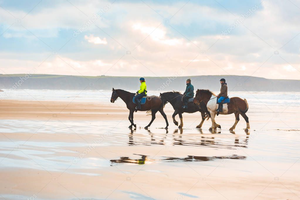 Horse riding on the beach at sunset in Wales. Three persons with horses at seaside, side view with beautiful light and colours. Sport, leisure and travel concepts