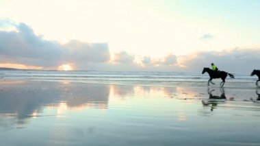 İnsanlar atlar dörtnala, gün batımında sahilde sürme. Bulutlu bir günde seaside, ata binerek üç kişi. Ağır çekim video, arka ışığı siluet ile. Spor ve seyahat kavramları