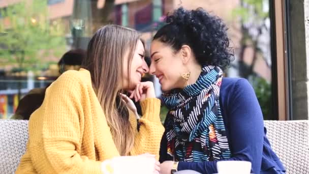 Lesbisk Par Ett Café Två Unga Kvinnor Har Kaffe Tillsammans — Stockvideo