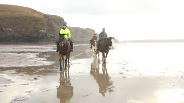 Mensen Rijden Paarden Het Strand Het Passeren Van Naast Camera — Stockvideo