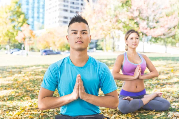 Chinese people practicing yoga at park in Toronto — Stock Photo, Image