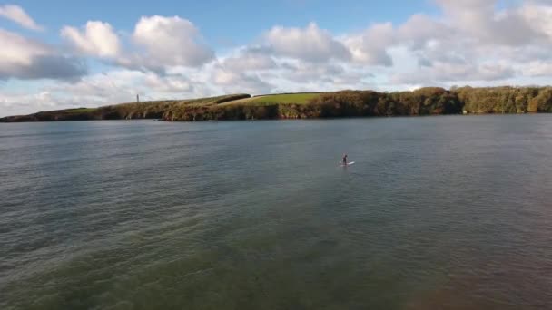 Hombre haciendo deporte, tabla de paddle, a la orilla del mar, vista aérea — Vídeos de Stock