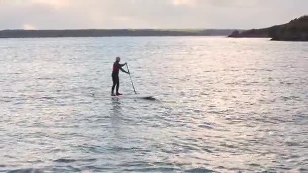 Man doing sport, paddle board, at seaside, aerial view. Senior man enjoying s — Stock Video