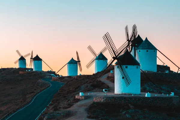 Windmills silhouette in Consuegra, Spain, at sunrise — Stock Photo, Image