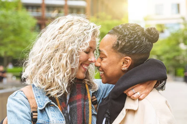 Happy Multiracial Girlfriends Love Embracing Cuddling Lesbian Couple Millennials Women — Stock Photo, Image