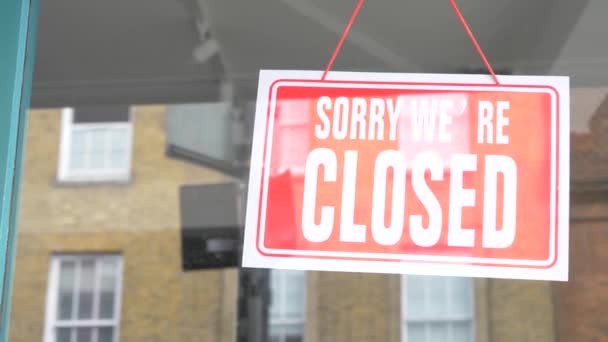 Desculpe Sinal Fechado Entrada Loja Londres Negócios Fechados Devido Pandemia — Vídeo de Stock