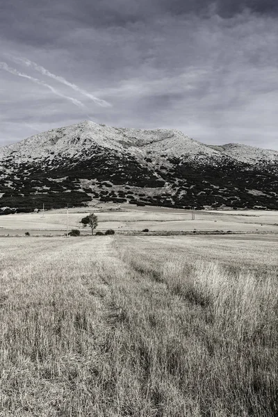 Železnice Přes Pole Kantaberském Mountain Španělsko Španělská Krajina Při Východu — Stock fotografie