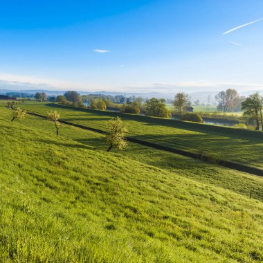 İsviçre Alpleri'nde arka plan üzerinde günbatımında Yaylası. Çayırlar sulama kanalı ile İsviçreli peyzaj. 