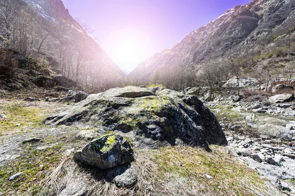 ピエモンテ州のイタリア アルプスの渓流での朝の霧 日の出川の山の谷の眺め — ストック写真