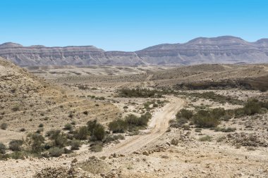İsrail 'deki Negev Çölü' nün Rocky tepeleri. Güney İsrail Çölü 'ndeki çöl kaya oluşumlarının nefes kesici manzarası..