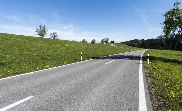 Mera İsviçre arasındaki dar asfalt yol. İsviçre yatay, çayırlar 