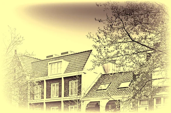 アメリカの都市の歴史的建造物 オランダの典型的なレンガ造りの家 ヴィンテージ風トーン絵 — ストック写真