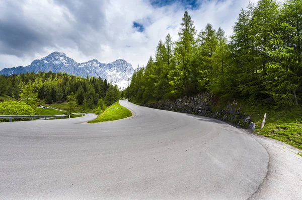 Strada Asfaltata Sinuosa Nel Paesaggio Austriaco Con Boschi Campi Pascoli — Foto Stock