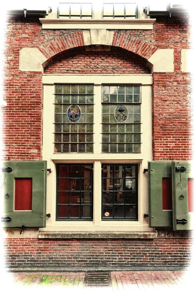 Stained Glass Window Traditional House Amsterdam Red Brick Facade Old — Stock Photo, Image