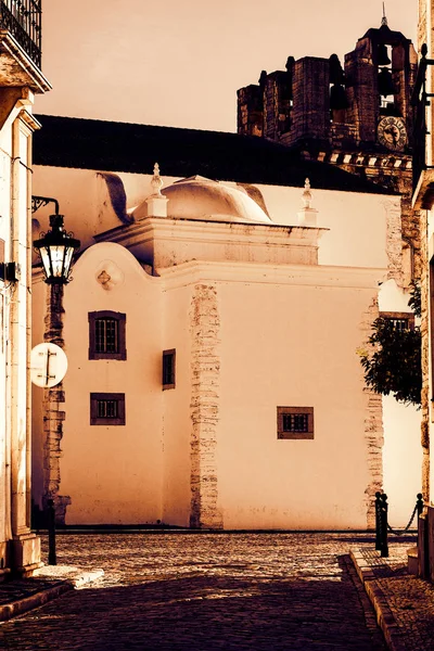 View Narrow Street Ancient Buildings Church Medieval Portuguese City Night — Stock Photo, Image